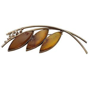 Gold Tone Modernist Brutalist Stemmed Amber Petal Leaf Brooch Pin E455
